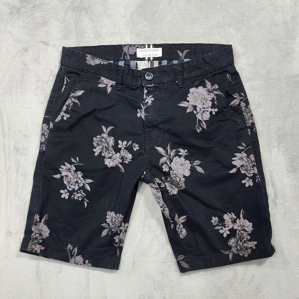 Denim & Flower Shorts Mens 29 Black Gray Floral Chino 9 Inseam Casual Summer